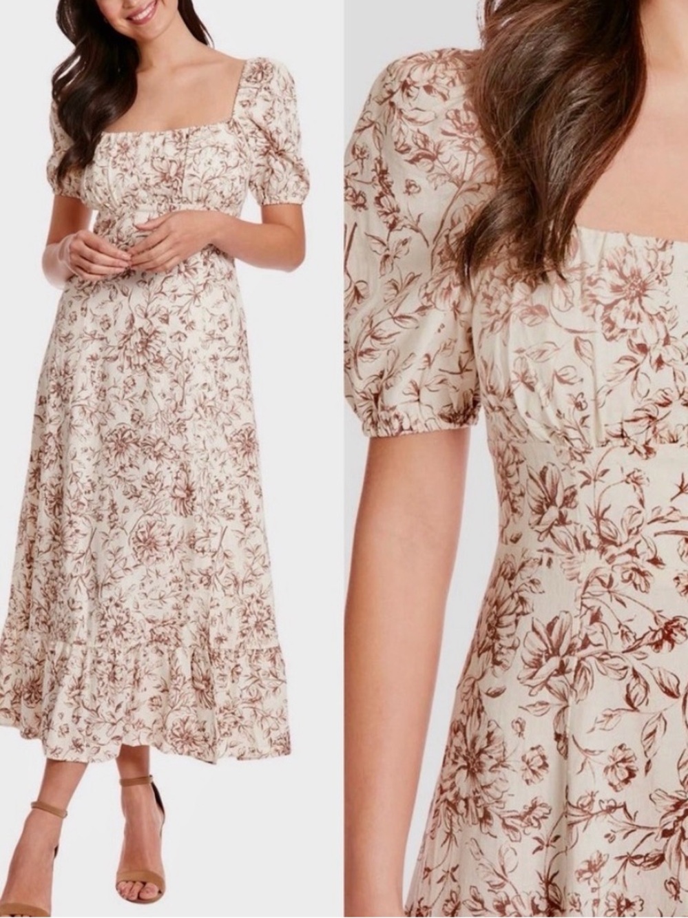 LONDON TIMES
Linen Blend Puff Sleeve  Midi Dress size 2 or 10 Brown cream
